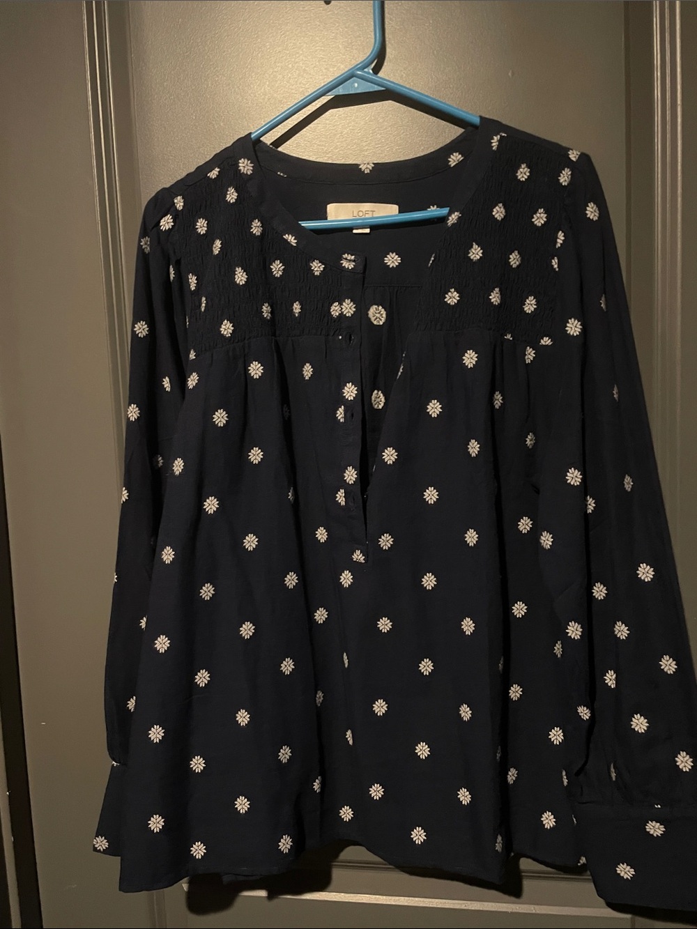 LOFT Navy Peasant top with White Floral DotsNWOT